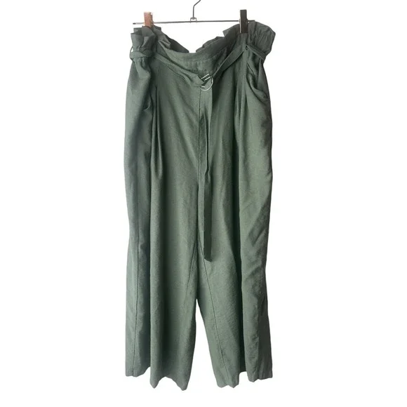 Vero Moda Viscose Green Paper Bag Belted Wide Leg Cropped Trousers NWOT Size 16 - Picture 2 of 5